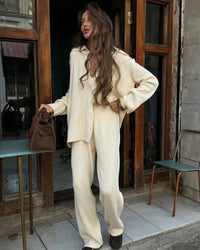 Loose Knit Cardigan & Elastic Waist Trousers Set