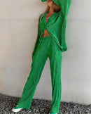 Turn-Down Collar Draped Shirt & High Waist Wide-Leg Trouser 2-Piece Set