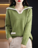 Contrast-Collar Mink Cashmere Sweater