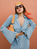 Pleated Long Sleeve Shirt And Pants Set