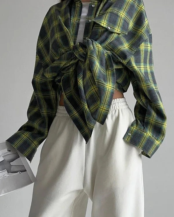Vintage Plaid Oversized Long-Sleeve Shirt