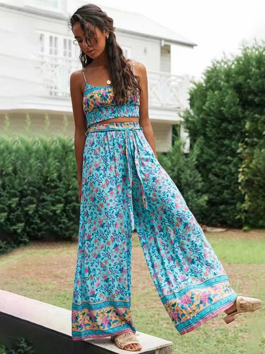 Boho Pattern Camisole & Wide Leg Pants Set