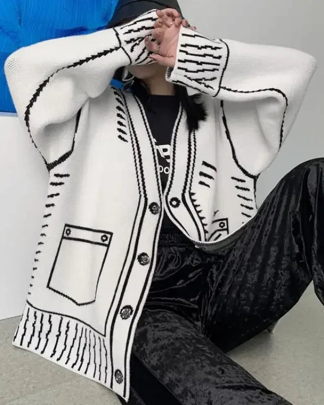 Graphic Wool Blend V-Neck Cardigan