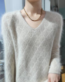 Openwork Mink Cashmere V-Neck Sweater