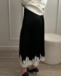 Satin And Lace-Paneled A-Line Midi Skirt