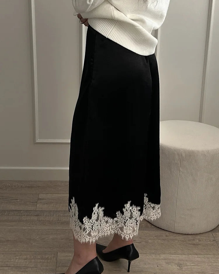 Satin And Lace-Paneled A-Line Midi Skirt