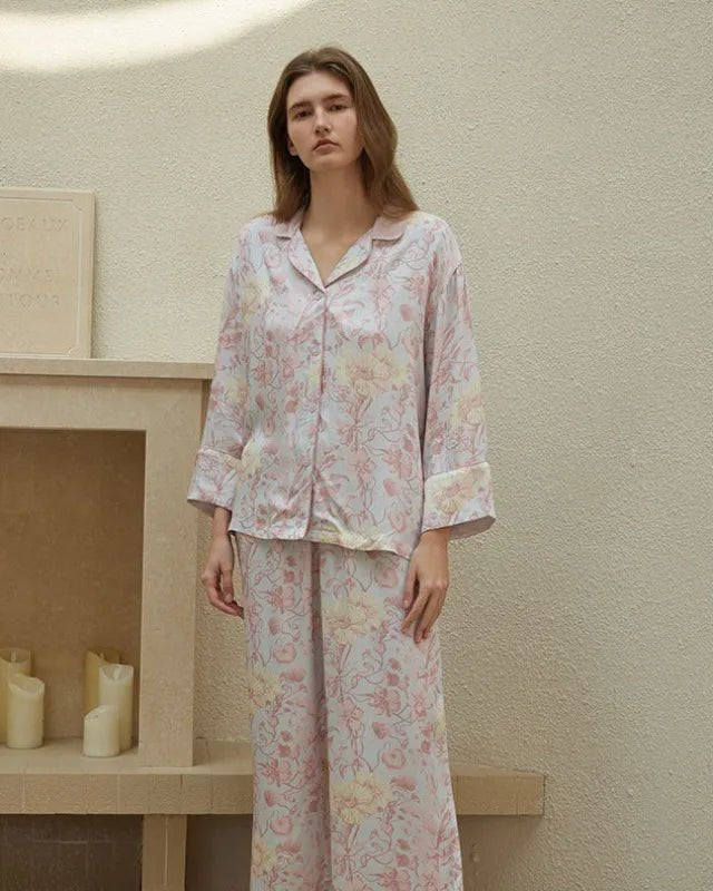 Rayon Satin Floral Print Lapel Pajamas