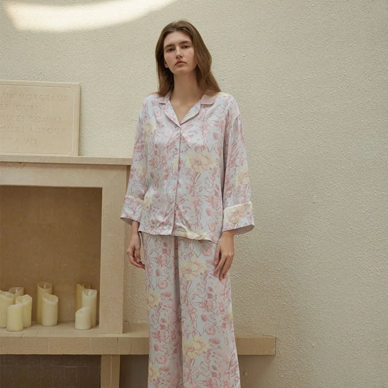 Rayon Satin Floral Print Lapel Pajamas