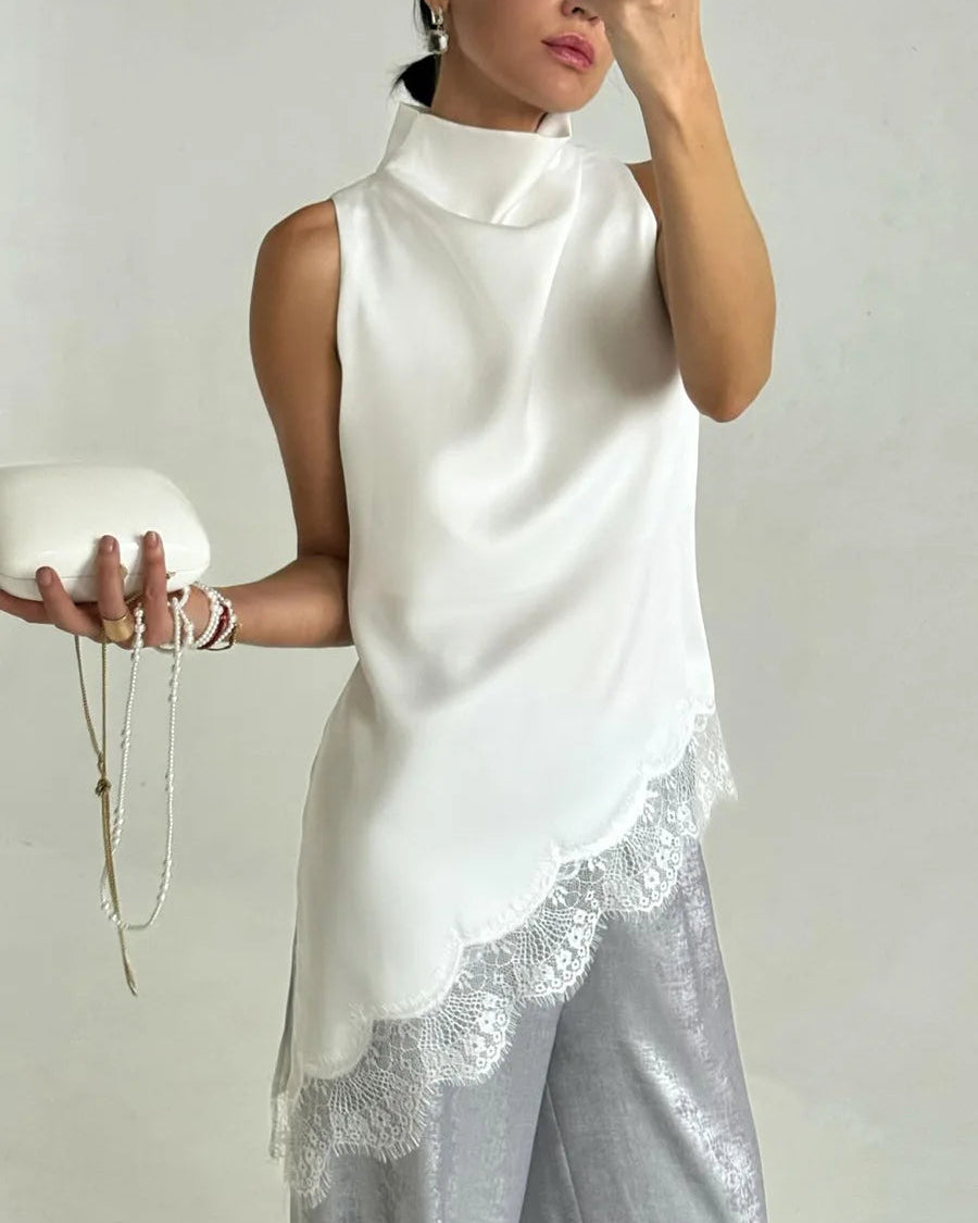 Satin high neck sleeveless vest top with delicate lace trim and irregular hem. Lightweight polyester — chic and feminine long tank for summer party and casual wear.