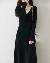 Merino Wool V-Neck A-Line Knit Dress