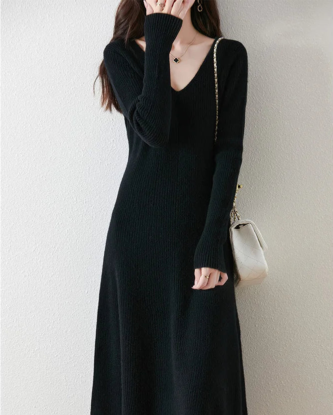 Merino Wool V-Neck A-Line Knit Dress