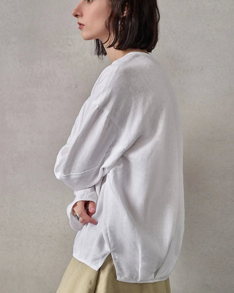 Fashionable Linen U-Neck Long-Sleeved Shirt