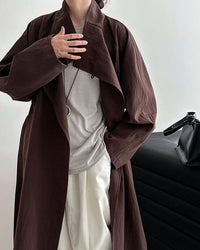 Minimalist Stand-Collar Belted Trench Coat