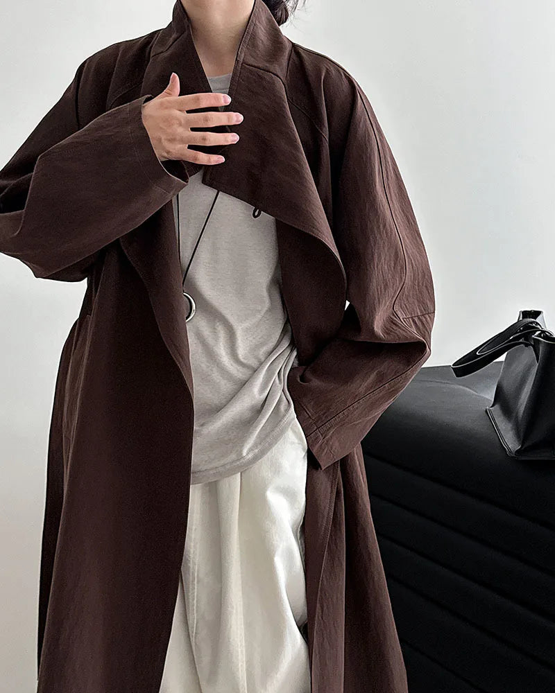 Minimalist Stand-Collar Belted Trench Coat