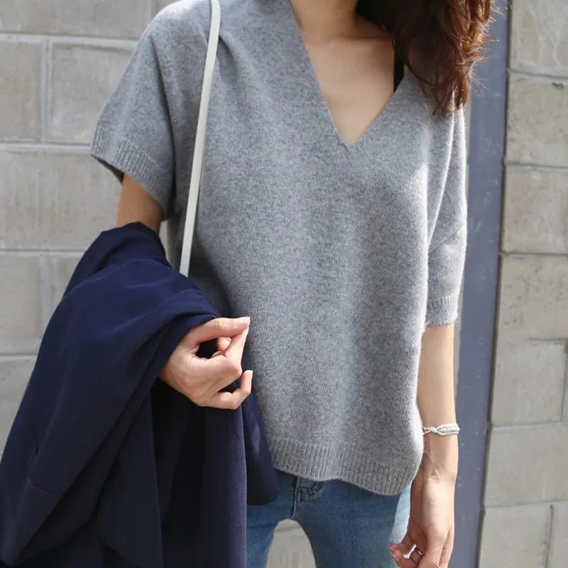 V-Neck Short Sleeve Wool Pullover Top