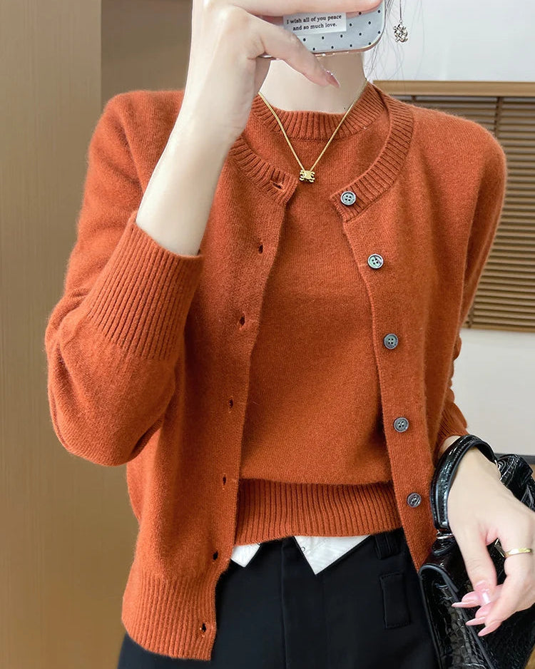 Wool Cardigan Crew Neck T-Shirt Two-Piece Sweater Set