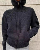A cashmere hooded zip-up cardigan with hooded neckline, zip closure, thick knit and loose fit, designed for a cozy winter layering look that pairs from sneakers to boots.