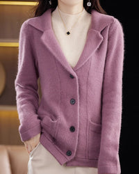 Mink Cashmere Tailored-Collar Knit Cardigan