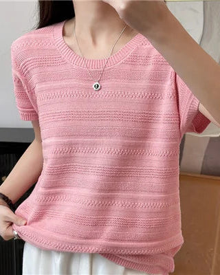 Cotton Solid Round Neck Short Sleeve Knit T-Shirt