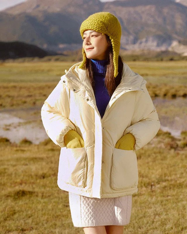 Textured Solid Color down Hooded Outerwear