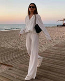 Turn-Down Collar Draped Shirt & High Waist Wide-Leg Trouser 2-Piece Set