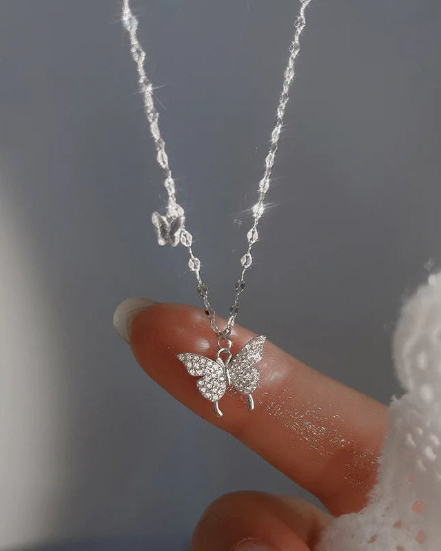 Silver Crystal Fish Bone Pendant Clavicle Necklace