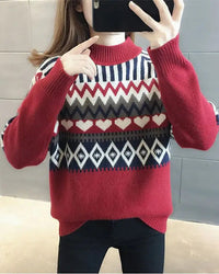 Ethnic Jacquard Mock Neck Loose Thick Knit Pullover