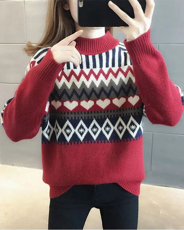Ethnic Jacquard Mock Neck Loose Thick Knit Pullover