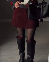 Women's  corduroy slim-fit mini skirt featuring a breathable woven fabric, clean waistband, and side pockets for a polished look in autumn and winter.
