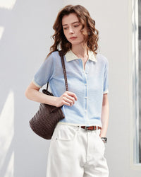 Sheer Slub Knit Polo Top