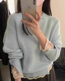 Lace-Paneled Faux Two-Piece Knitted Sweater