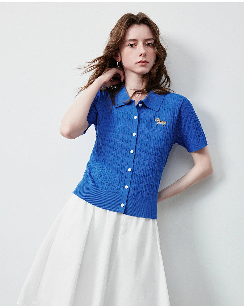 Ice Silk Cable Knit Polo Top