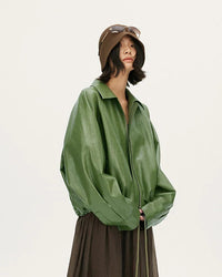 Loose-Fit Zip-Up PU Leather Short Jacket