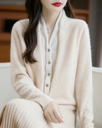Merino Wool Solid V-Neck Fake Two-Piece Pullover Sweater