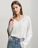 Long-Sleeved V-Neck Loose-Fitting Pullover T-Shirt