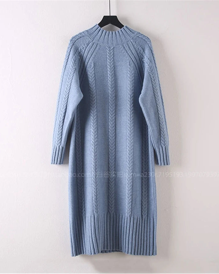Mock-Neck Ribbed Knit Midi Sweater Dress