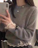 Lace-Paneled Faux Two-Piece Knitted Sweater