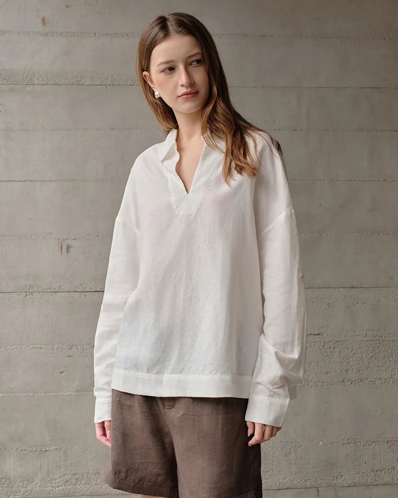 Retro Long-Sleeved V-Neck Casual Loose Shirt