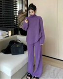 Turtleneck Knit Sweater & Wide-Leg Pants Two-Piece Set