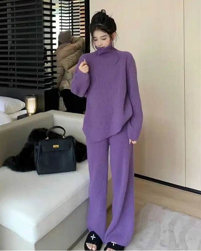Turtleneck Knit Sweater & Wide-Leg Pants Two-Piece Set