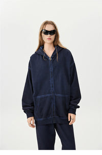 Zipper Washed Distressed Oversized Cotton Hoodies