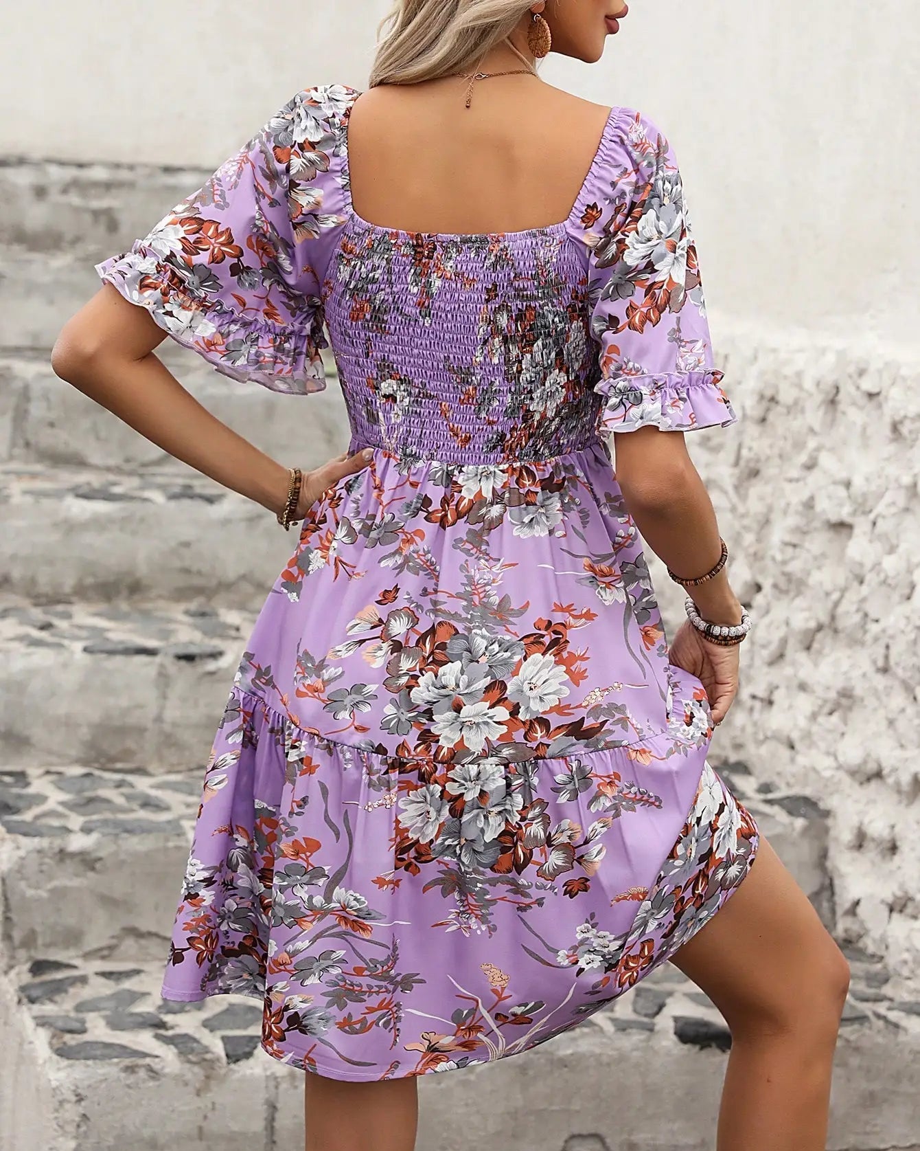 Floral Smocked Square-Neck Boho Dress