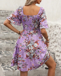 Floral Smocked Square-Neck Boho Dress