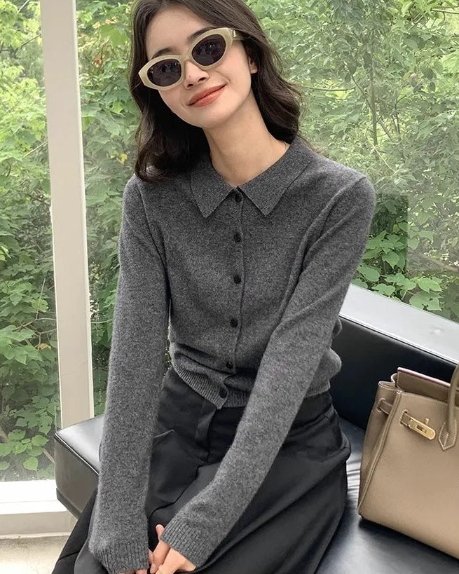Cashmere Polo Collar Short Cardigan
