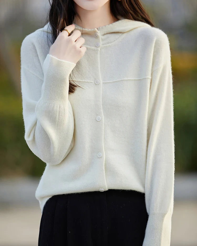 Merino Wool Solid Hooded Pocket Long Knit Cardigan