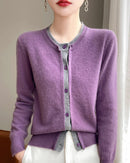 Merino Wool Solid O-Neck Button Knit Cardigan