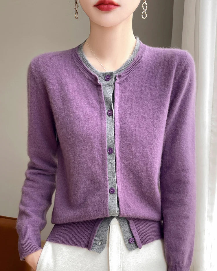 Merino Wool Solid O-Neck Button Knit Cardigan