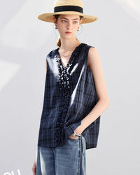 V-Neck Lace Plaid Sleeveless Pullover Top