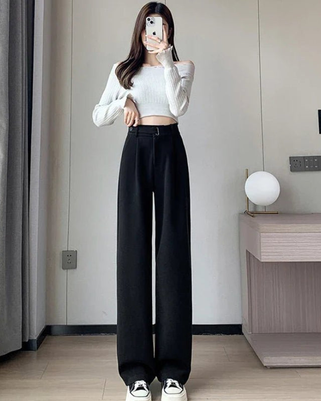 High Waist Straight Leg Woolen Trousers
