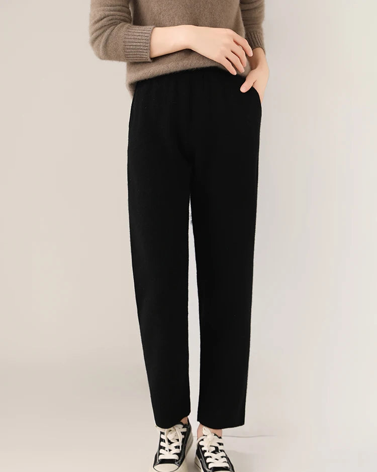 Merino Wool Solid High Waist Knit Pencil Trousers